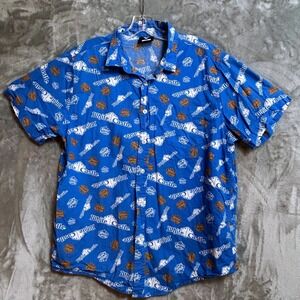 White‎ Castle Mens Large Blue All Over Logo Print Short Sleeve Button Down Shirt